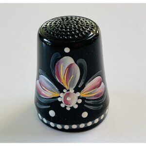 Black Floral Thimble Vintage Ceramic Hand Painted Flower Western Germany Gift